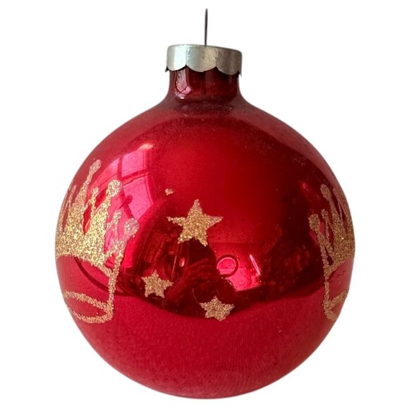 Vintage Shiny Brite Red Glass Christmas Ornament Gold Glitter Crown & Star 3” - Picture 2 of 7